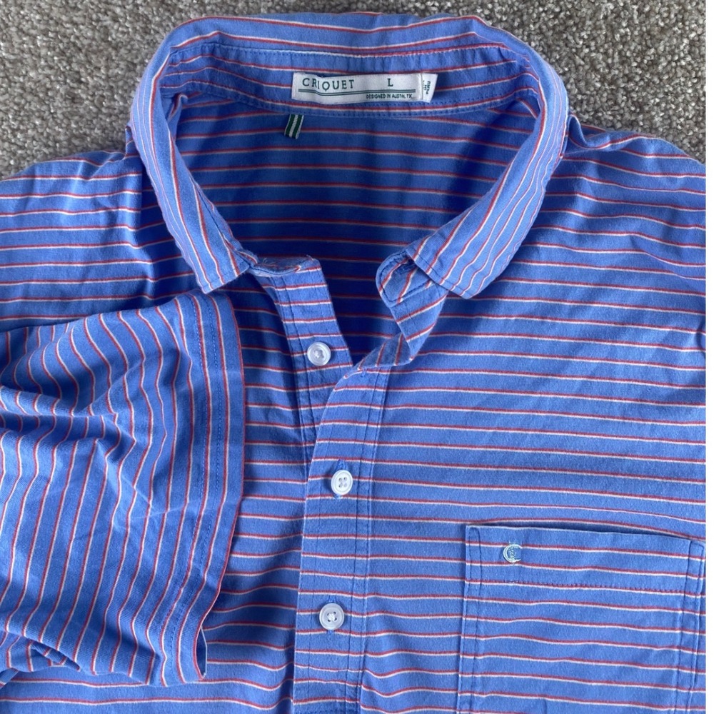 Criquet Mens Large Pima Cotton Striped Polo Shirt Blue Red Short Sleeve Preppy